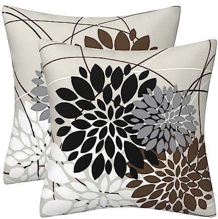 Braune schwarze weiße Dahlie Floral Wurfkissen Bauernhaus Dekorativer Wurfkissenbezug Indoor Outdoor Kissenbezug Herbst Winter Leinen Kissenbezug für Couch Wohnzimmer Schlafzimmer 45,7 x 45,7 cm 2