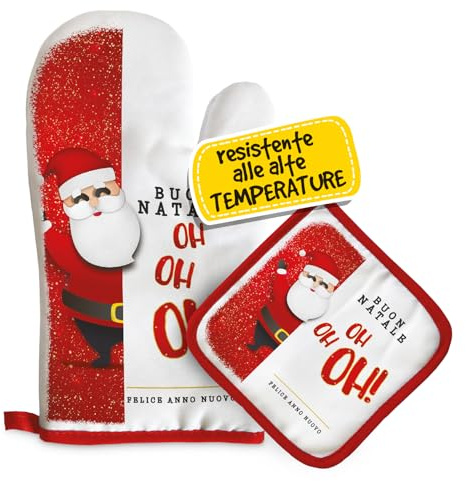 Set Guanto Forno e Presina Natalizia, Idee Regalo Natale Donna, Mamma e Nonna, Utili ed Originali per la Casa e Cucina, Personalizzati Con Illustrazione Originale Babbo Natale Oh Oh Oh