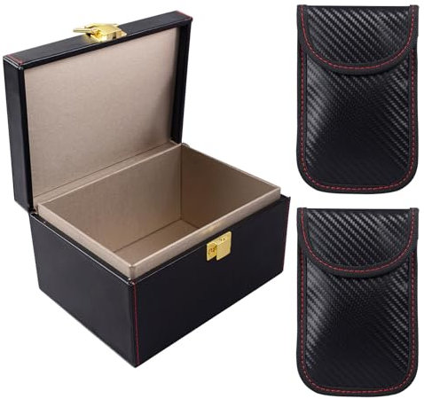 igadgitz home U7260 Keyless Go Schutz Autoschlüssel Box, Faraday Box und 2 x Faraday Pouch, Faraday Beutel RFID Keyless Go Schutz Autoschlüssel Set - Schwarz