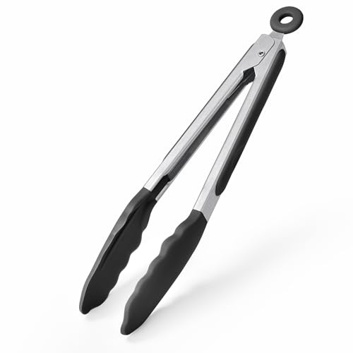 U-Taste Silicone Kitchen Tong, 250℃ Heat Resistant, 22cm, Black | Non Stick Rubber Tipped, 18/8 Stainless Steel Handle, Smooth Locking, Heavy Duty for Cooking Serving Buffet Salad Barbecue