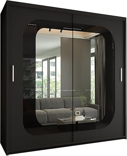 FURNITUREWAVE Minosa Sliding Mirror Doors Wardrobe For Modern Bedroom Furniture Cupboard with Space Saving Shelves and Hanging Rails (Black/Black, 203cm)