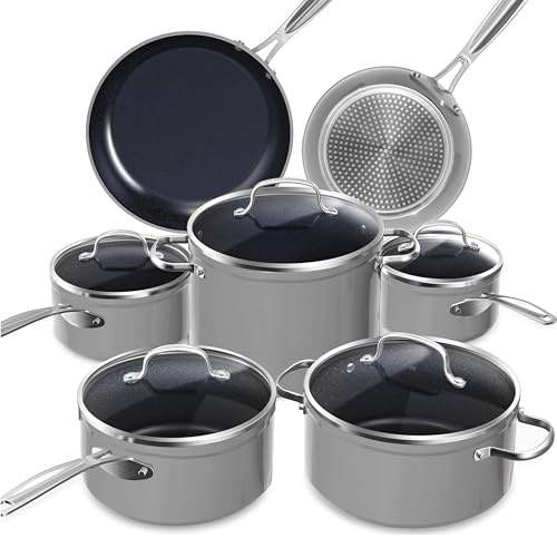 Nuwave Ollas 12 Piezas G10 Cerámica de Duralon Blue en Gris, Compatible con Inducción, Batería de Cocina con Tapas, Juego de Ollas y Sartenes, Seguro y libre de PFAS