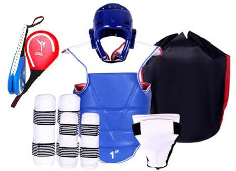 Baoblaze 6 Pezzi Taekwondo Equipaggiamento Protettivo Karate Sparring Gear Set per Adulti Bambini Protezione Completa Regolabile per Allenamento Sparring, Blu, 130-150 cm