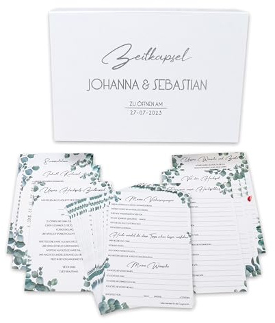 Feenstaub Zeitkapsel-Box Hochzeit mit Karten zum Ausfüllen für Gäste und Brautpaar, Geschenk, personalisierbare Box, Zeitkapsel Hochzeit, Gästekarten Hochzeit, Zeitkapsel Karten Hochzeit Eukalyptus