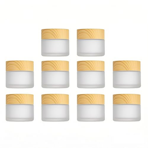 8Packs 10Grams/ML Comestic Frosted Jars Empty Cream Jars Refillable Sample Jars Glass Jar Box Pot with Woodlike Lids and Liners for Lip Balm Eye Cream Makeup Lotion