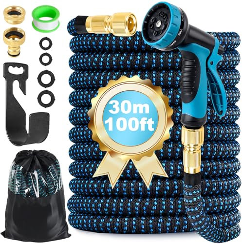 Expandable Garden Hose Pipe 30m 100ft, Expanding Hosepipes for Garden Water Hose with 1/2 3/4 Connectors, 10 Function Spray Gun, Holder, Flexible Retractable Magic Hoses for Gardening Car Washing