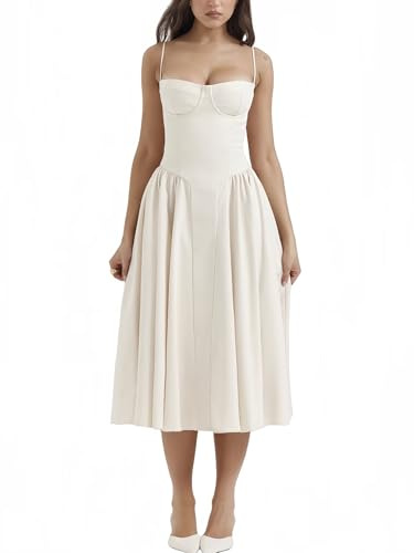 Damen Vintage Sexy Sommerkleid Langes Dress Ärmellos Spaghettiträger Freizeitkleid Beach Urlaub Cocktail Party Camisole Dress Festliches Kleid A-Linie Kleid Einfarbig mit Taschen Damen Weiß M