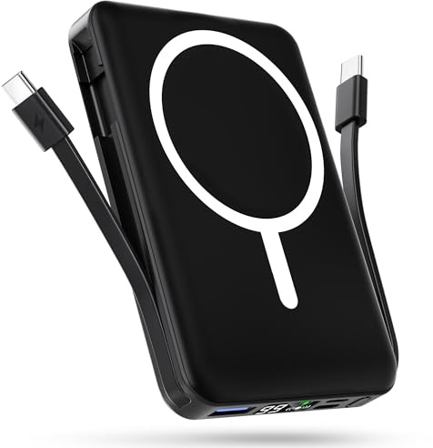 Podoru for Magsafe Power Bank, 10000mAh 20W Magnetic Portable Charger | Built-in Double USB-C Cables, 20W PD Fast Charging, LED Display Wireless Battery pack for iPhone 17/16/15/14/13/12 Series