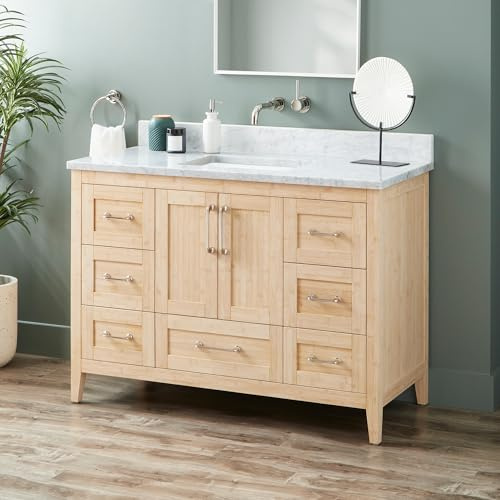 Signature Hardware 955154-48-RUMB-0 Arrietty 48 Freestanding Bamboo Single Basin Vanity Set with Cabinet, Vanity Top, and Rectangular Undermount Sink - No Faucet Holes - Natural Bamboo/Carrara