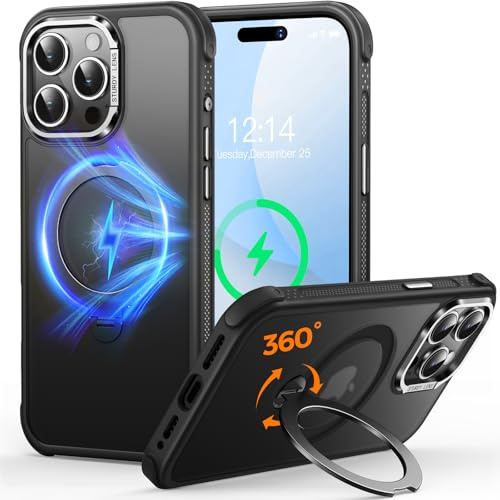 CUTELFON O3 Mag-Ständer Entwickelt für iPhone 15 Pro Max Hülle mit 360° Ständer,[Kompatibel mit MagSafe][Super Hautgefühl] Durchscheinende Matte Magnetische Schlanke Handyhülle 6,7,Matt Schwarz