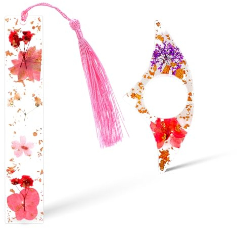 2 pièces de support de page de livre, support de page pour pouce en résine avec fleurs séchées et signet avec pompon, accessoires de livre pour les amoureux de la lecture, cadeau pour les bouquineurs