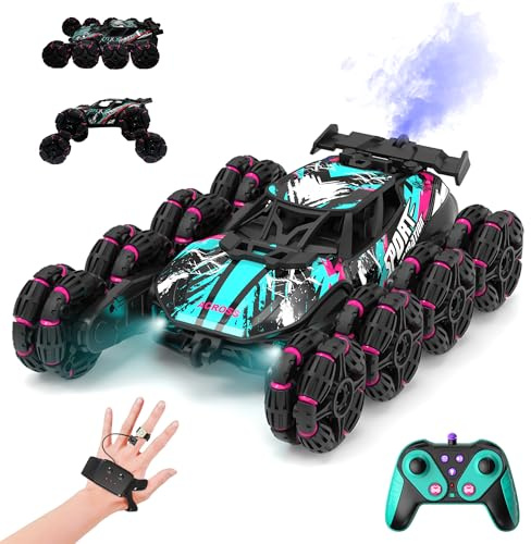 FORESTDREAM RC Stunt Car, 8-Rad Ferngesteuertes Auto ab 4-10 Jahre, Geländewagen mit Sprühnebel, LED & Musik, 2,4 GHz Spielzeugauto für Jungen & Mädchen Spielzeug ab 5 6 7 9 Jahre Junge (Grün)