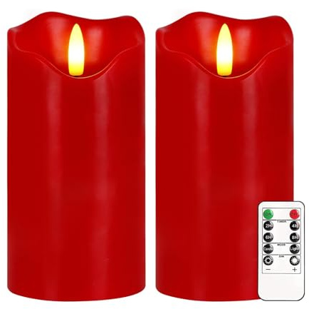 Justup 2 Stück Weihnachten Flammenlose LED-Kerzen mit Fernbedienung, Timer | Rote Weihnachtskerzen Dimmbare Säulen Kerzen Batteriebetrieben, Rot Flackernde Kerzen für Home Winter Christmas Dekor (Rot)