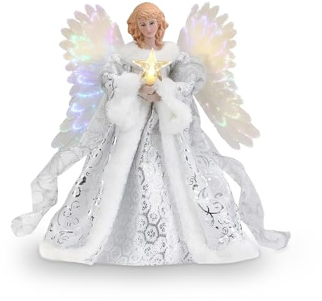 Tuzsocr Engel Weihnachtsbaumspitze, Weihnachtsengel Baumspitze mit Feder Flügel, LED Beleuchtete Christbaumspitze Spitzenengel Figur, Stoff Christbaumspitze, für Party, Home, Indoor Deko (Gold)