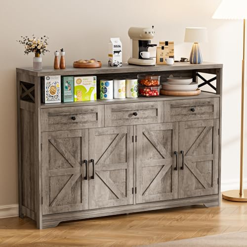 BonVache Sideboard, Küchenschrank mit Schubladen, Aufbewahrungsschrank, Anrichte mit Offenem Regal, Kaffeebar Schrank für Küche, Esszimmer, Wohnzimmer, 120 x 35 x 95cm, Grau in Holzoptik