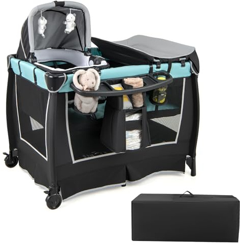 DREAMADE Reisebett mit Matratze,6-in-1 Babybett, Reisegitterbett mit Bassinet, Windelwechsel Tisch, Aufbewahrungstasche, Musikbox, Hängespielzeug, Abschließbare Räder, für 0-36 Monate (Grün)