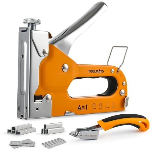 TOOLMAYS Grapadora manual incluye 800 grapas | Grapadora profesional para madera con quitagrapas y caja de plástico | Pistola grapadora para muebles, tela y lámina