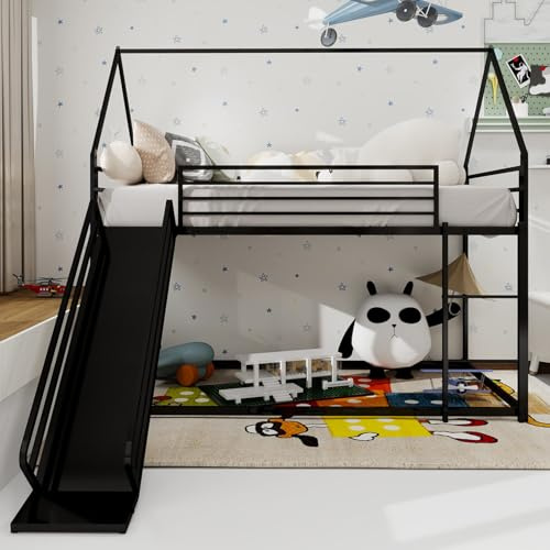 PUGSDRLY Lit Superposé Enfants 90x190 avec Toboggan Sécurisé,Barrières de Securite Haute,Lit Cabane Enfant avec Toit Décoratif,pour Enfants Adolescents(E-Noir)
