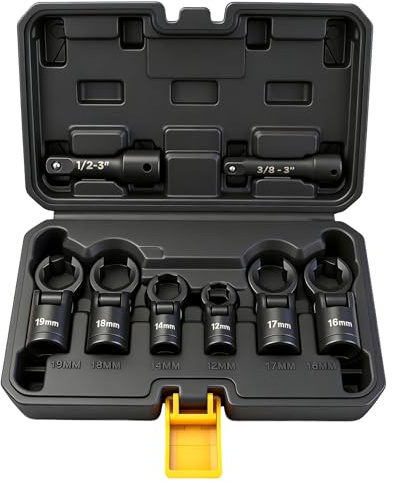 ELEAD 8-Piece Flex Head Crows Foot Wrench Set, Metric 12 14 16 17 18 19 mm with Extension Bar, 3/8 & 1/2 Drive Crowsfoot Line Wrenches Set, Access Fasteners in Tight Spaces