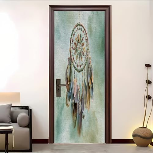 Pegatinas Decorativas para Puerta PatróN de AtrapasueñOs de Acuarela Vinilo Autoadhesivo para Puertas, Mural PVC, Pegatinas de Pared Verde Póster Fotográfico para Puerta Interior 77x200 cm