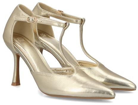 shoes&blues.es 94912 Stiletto de Tacon Fino Diseno Elegante. Zapato de Salon con Tacon Alto y Punta Fina con Hebilla y Diseno en T. Ideal Otono Invierno. Oro Talla 37