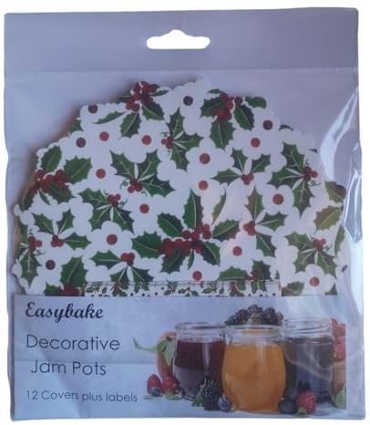 NJ PRODUCTS 12 Christmas Holly Berry Jam Pot Covers, Wax Discs, Rubber Bands and Self-Adhesive Labels