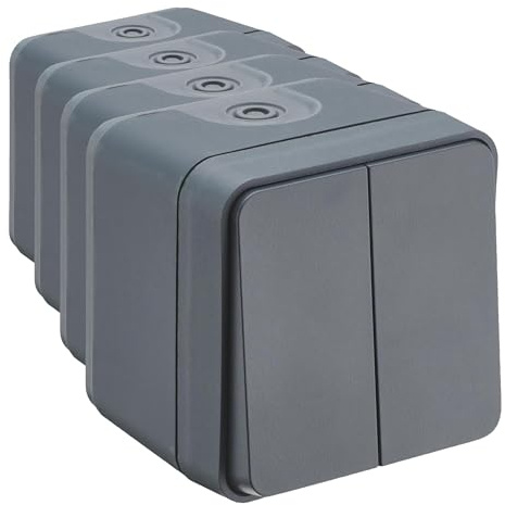 DEBFLEX - Cyklone - Interruptor Conmutador Doble - Interruptor de Pared - Estanco IP55 - Interior/Exterior - Instalación en Superficie - Gris Oscuro - 75 x 75 x 65 mm (Paquete de 4)