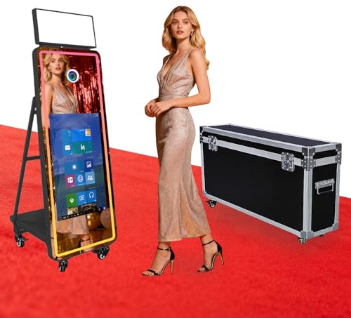 Magic Mirror DSLR Photo Booth with 32 Inch Touchscreen, Instant Printing & LED RGB Square Light, Portable Photobooth with Flight Case for Weddings Parties Events (Black, Photo Booth)