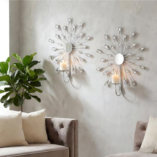 Crystal Rhinestone Wall Candle Sconces Set of 2 Bling Diamond Metal Sunburst Candle Holders Iron Decorative Wall Mounted Holders for Living Room Bedroom Bathroom Silver