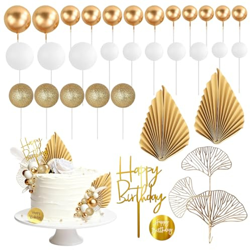 30Pcs Ball Cake Toppers, Gold Boho Happy Decoration, Birthday Cake Toppers | DIY Insert Topper Insert Decoration for Birthday Boho Wedding Birthday Party Supplies