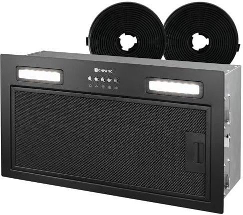 Kompatic Lane 50 KLN50BI Hotte Aspirante Encastrable 50cm, A+++, Filtres à Charbon inclus KCF4, Minuterie, Contrôle électronique, 450 m³/h, LED, 3 vitesses + boost, Evacuation/Recyclage, Noir