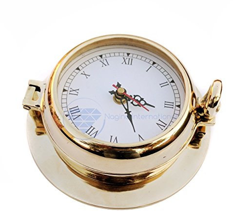 Nagina International Orologio da parete in ottone lucido di alta qualità, apribile con foro decorativo da pirata, stile nautico marittimo, regalo decorativo