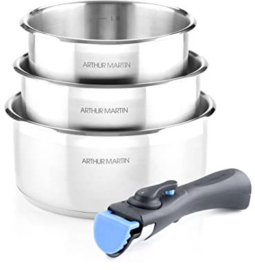 ARTHUR MARTIN - Batterie de Cuisine 4 Pièces en Aluminium Forgé, Casseroles Empilables, Revêtement Anti-Adhésif, Poignée Amovible, Compatible Tous Feux, 16/18/20 cm