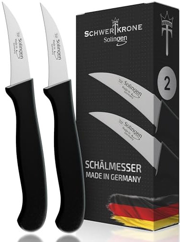 Schwertkrone® Schälmesser gebogen 2er Set [MADE IN SOLINGEN - GERMANY] - Gemüsemesser Obstmesser - Küchenmesser klein scharf - Schneidemesser Kartoffelschälmesser - Allzweckmesser (2x 2,5 gebogen)