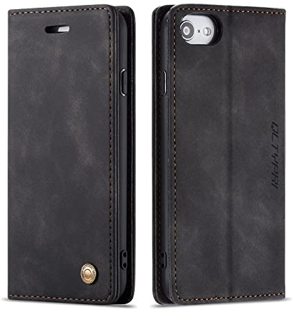 QLTYPRI Hülle für iPhone SE 2022 5G/SE 2020/8/7, Vintage Dünne Handyhülle mit Kartenfach Geld Slot Ständer PU Ledertasche Flip Schutzhülle für iPhone 7/8/SE 2/SE 3 - Schwarz | Vintage PU Leder Hülle, Handyhülle mit 2 Kartenfächer, Standfunktion, Weicher TPU-Rahmen, Stoßfeste Flip Wallet Case