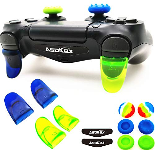 L2 R2 Triggers Ps4 (2 Paar Trigger-Verlängerung, 6 Stück Thumbstick-Griffe, 2 Paar LED-Lichtleisten-Aufkleber) für PS4 Dualshock Controller (Grün und Blau)