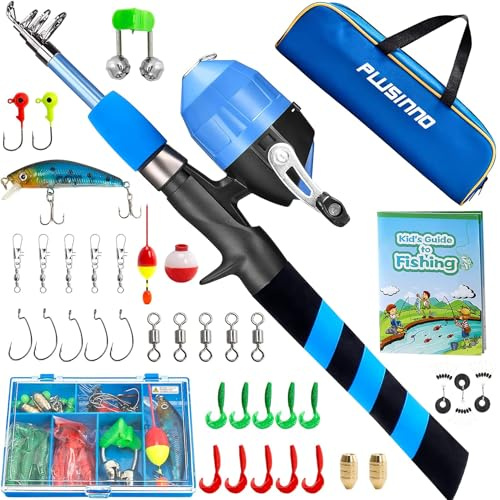 PLUSINNO Angelset für Kinder, Teleskopische Angelrute mit Angelrolle und Angelköder, Angelzubehör und Tragetasche für Salzwasser Süßwasser für Jungen, Mädchen, Jugendliche