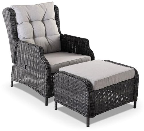 Raburg Garten-Relaxsessel mit Hocker, Gartenstuhl-Set mit Hocker, pflegeleichtes & wetterfestes Polyrattan, Bequeme Kissen, 130 kg Belastbarkeit, Anthrazit/Braun, inkl. Polster Hellgrau, Sophia