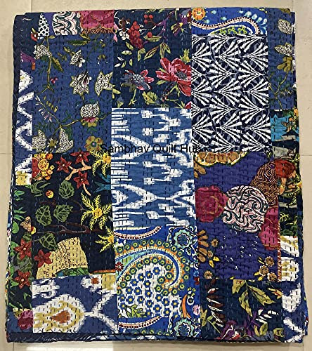 Multi Floral sortierte Baumwolle Patchwork Kantha Quilt Home Dekorative handgemachte Patch gesteppt King Size Bohemian Bettwäsche Überwurf Decke Vintage Quilt (blau, 274 x 274 cm)