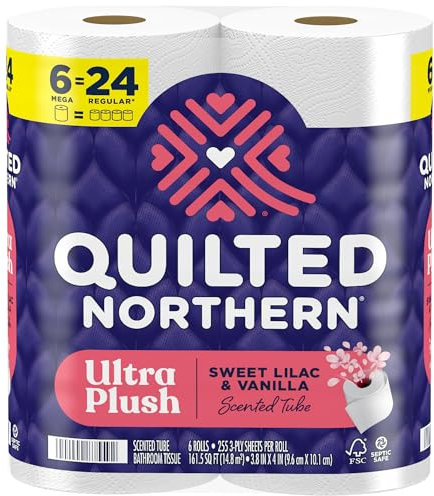 Quilted Northern Ultra Plush Toilet Paper with Sweet Lilac & Vanilla Scented Tube, 6 Mega Rolls = 24 Regular Rolls, 3 Ply Soft Toilet Tissue