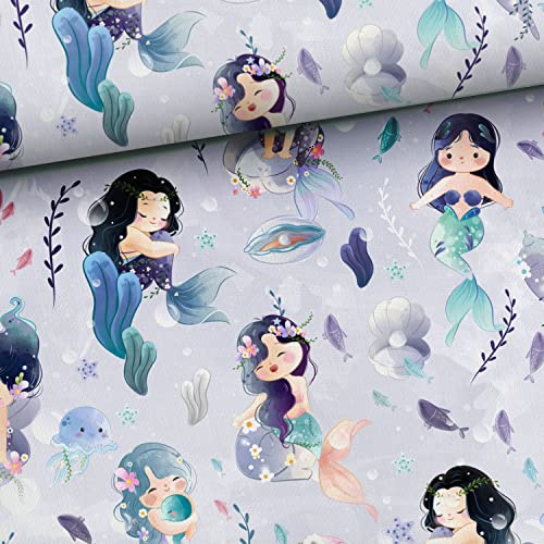 50x150cm Unterwasserwelt Baumwollstoff - Kinderstoff mit Meerestiere auf lila - Stoffe zum Nähen für Kinder & Baby - Meerjungfrau Mermaid Premium Baumwollstoff - keine Meterware
