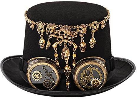 BPURB Voodoo Steampunk Totenkopf Zylinder Hut Mit Brille Gotisch Schädel Kopfbedeckung Halloween Kostüm Karneval Mottoparty (61cm/24.02 inches, Schwarz)