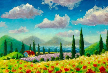 adrium Holz-Bild 50 x 30 cm: Sonnige Malerei Schöne Sommerlandschaft mit feldroten Blumenmohnblumen, kleinem Haus und Zypressen in der Toskana, Italien(156097147)