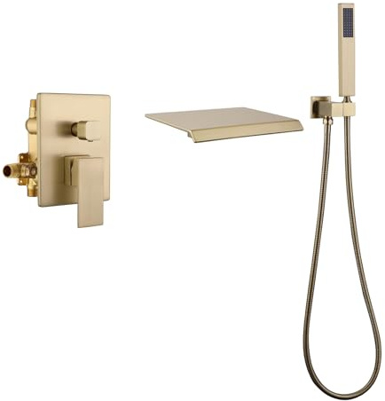 Taplong Wall Mount Tub Faucet with Waterfall Tub Spout Tub Faucet Set Wall Mounted Bathtub Faucet with Handheld Sprayer Brushed Gold Modern Bathroom Tub Filler Rough-In Valve Included-91266BG