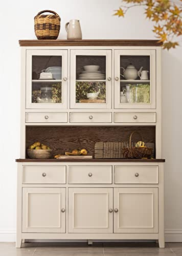 Statement Furniture Queensbury Large Display Cabinet with Oak Tops. Wooden Buffet and Hutch. Ready Assembled Cream Glass Dresser