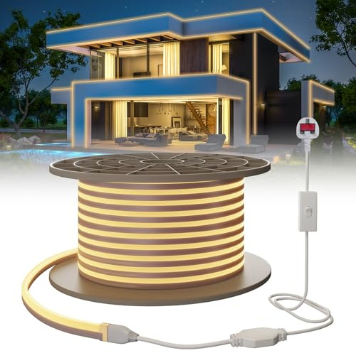 SUCIKORIO Neon LED Strip 30m/98.4ft - Waterproof IP65 Flexible Rope Light Warm White 3000K, Cuttable 220-240V with Power Supply for Bedroom, Indoor & Outdoor