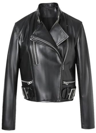 Hdhdeueh Damen Lederjacke Echtes Schaffell Mäntel Motorrad Biker Jacken, Schwarz , 38
