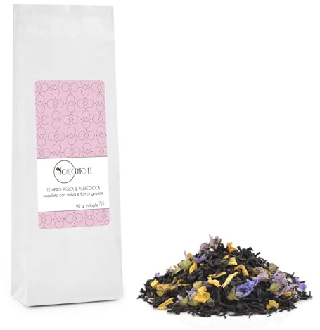Novecento Tè® | Tè Nero Pesca & Albicocca in Foglie - 90 Gr | Pesca Albicocca Malva Fiori Girasole e Tè Nero | Sacchetto Miscela Tè Nero e Fiori Sfuso