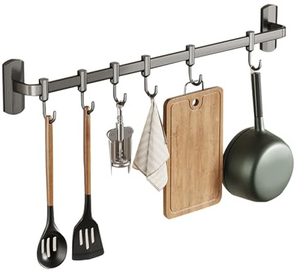 HYPIQQ Utensil Rail Rack Organizer Self Adhesive Kitchen Utensil Rack Aluminum Wall Mounted Hanging Rail 6 Removable Hooks Pots Pans Spoons Knives (Grey, 35cm)