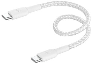 Belkin BoostCharge Cavo intrecciato da USB-C a USB-C da 0.15 metro per iPhone 15, 15 Pro, 15 Pro Max, 15 Plus, Galaxy S24, S23, Note10, Note9, Pixel 8, Pixel 7, iPad Pro ecc, bianco